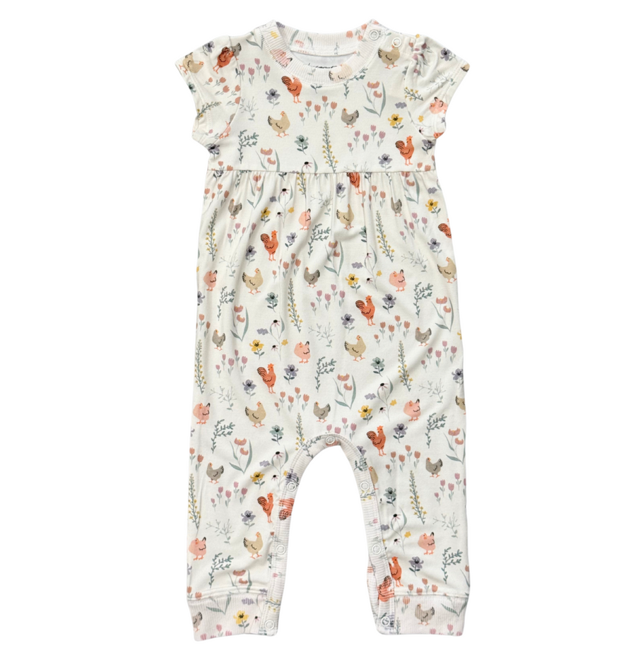 Short Sleeve Pant Romper - Floral Chickens