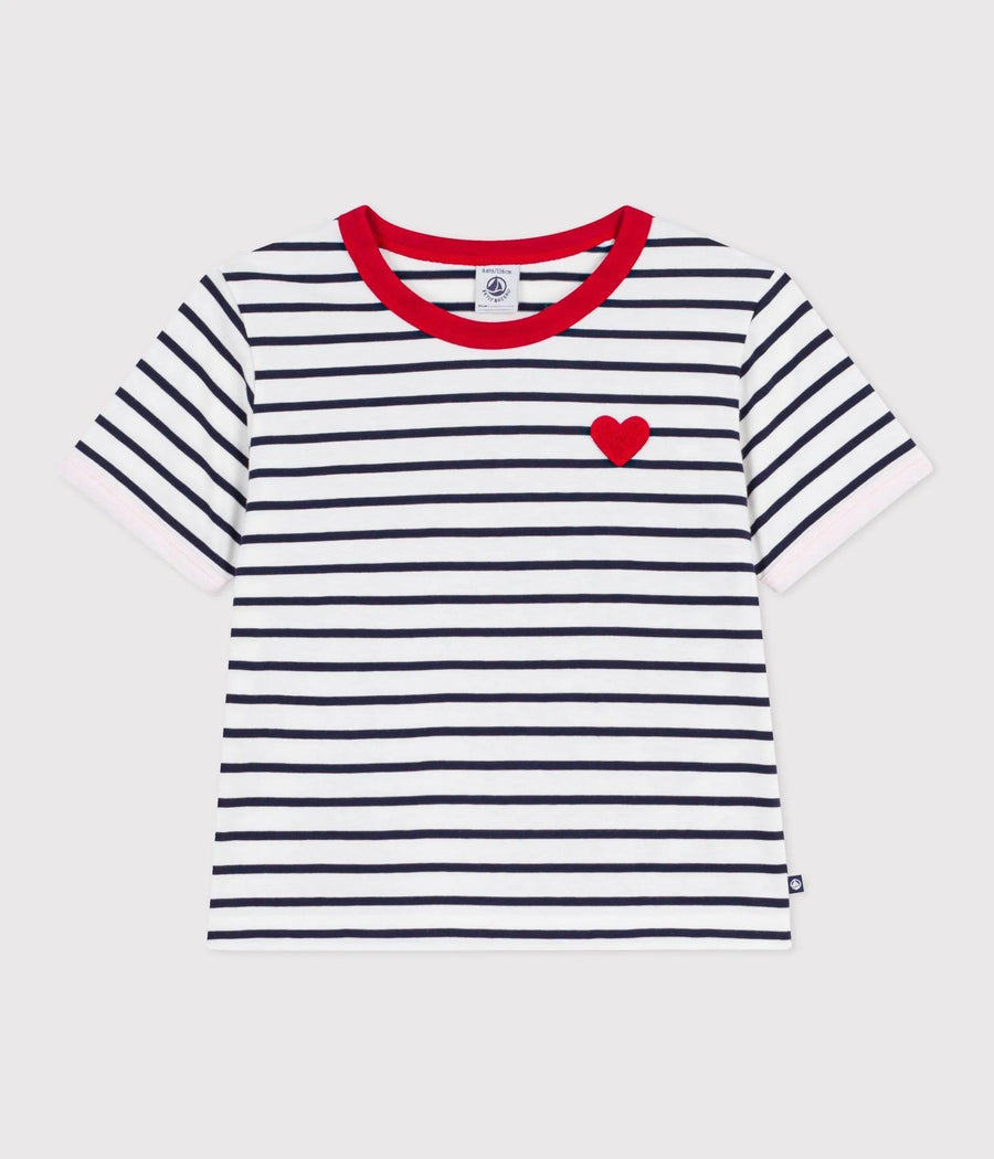 Girl SS Stripe Tee with Heart Badge