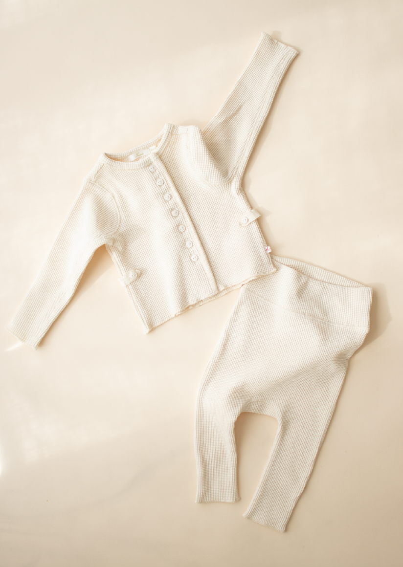 Waffle Cardigan Set - Ecru