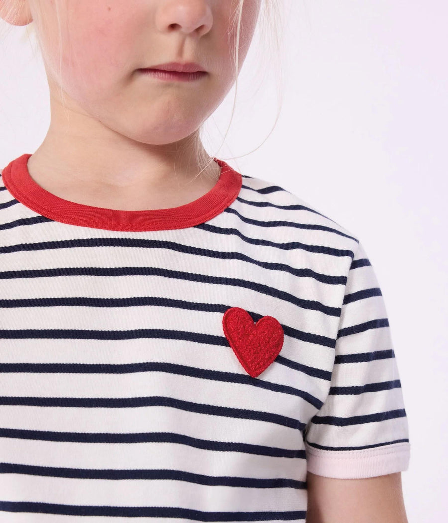 Girl SS Stripe Tee with Heart Badge