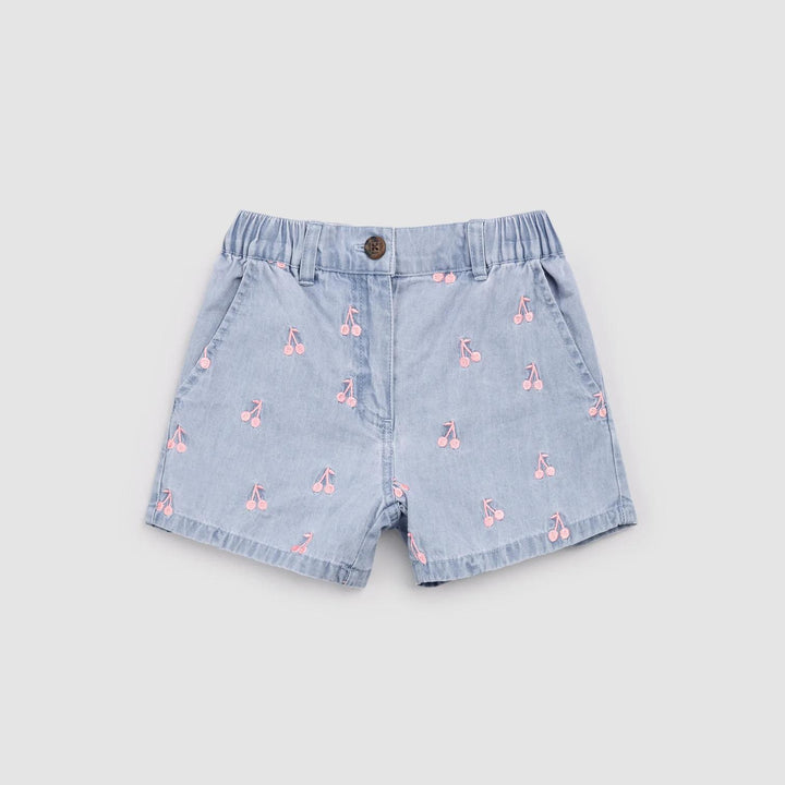Cherries Embroidery on Chambray Shorts