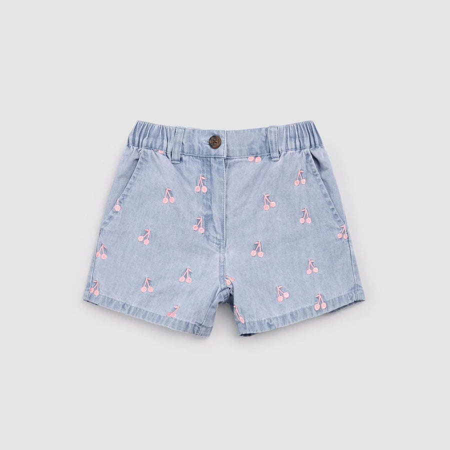 Cherries Embroidery on Chambray Shorts